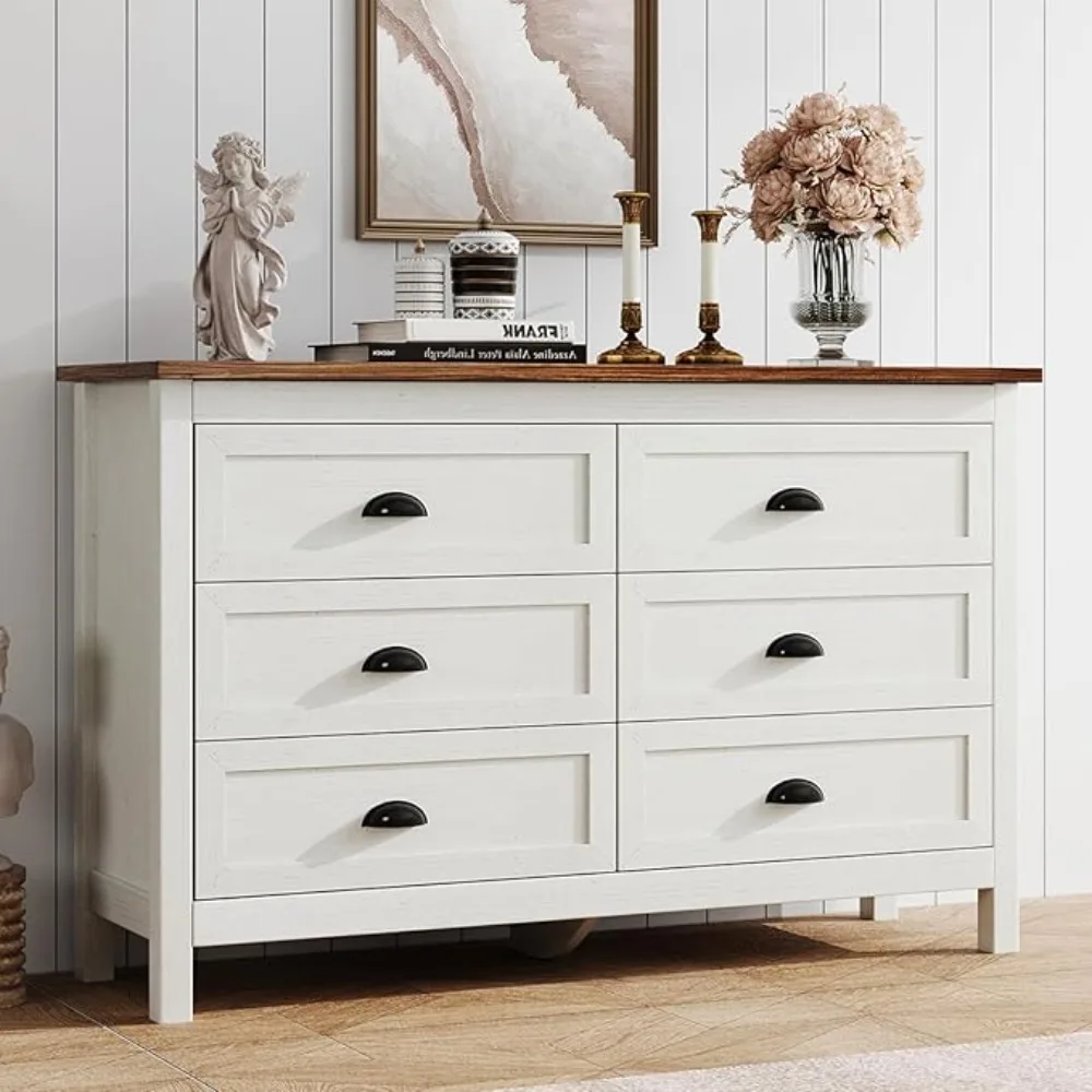 Farmhouse White Dresser for Bedroom, Modern 6 Drawer Double Dresser for Bedroom with Vintage Black Handle, Wide Wood Dressers &