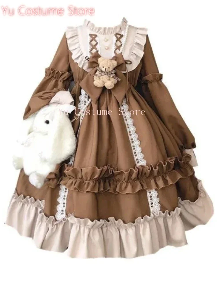 

Yu CostumeKawaii Sleeve Bear BowJapanese Korean Long Sleeve Dress Casual Full Set Loose Lolita Dresses Fashion Long Sleeve Women