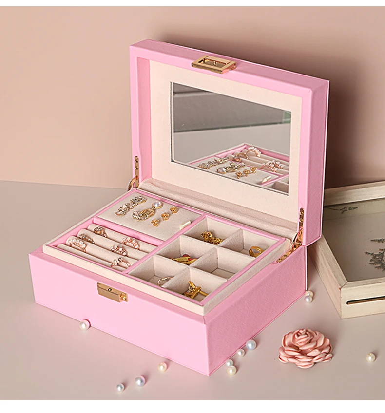 PU Jewelry Organizer with 2-layer Jewelry Box Ring Earring Necklace Watch Storage Collection for Girls Women Christmas Gifts