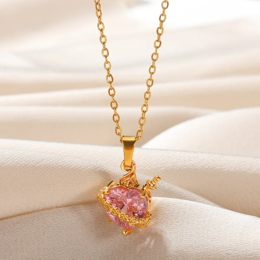 Pink Heart Zircon Necklace  Gold Color Copper Cupid Eros Arrow Heart Pendant Necklace Korean Fashion Jewelry Girls Party Gift