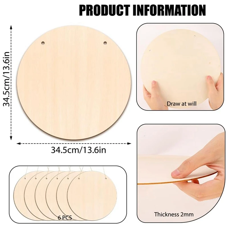 دوائر خشبية فارغة للحرف اليدوية ، شرائح خشبية غير مكتملة ، علامة شماعات باب ، أقراص خشبية مستديرة ، 6 عبوات