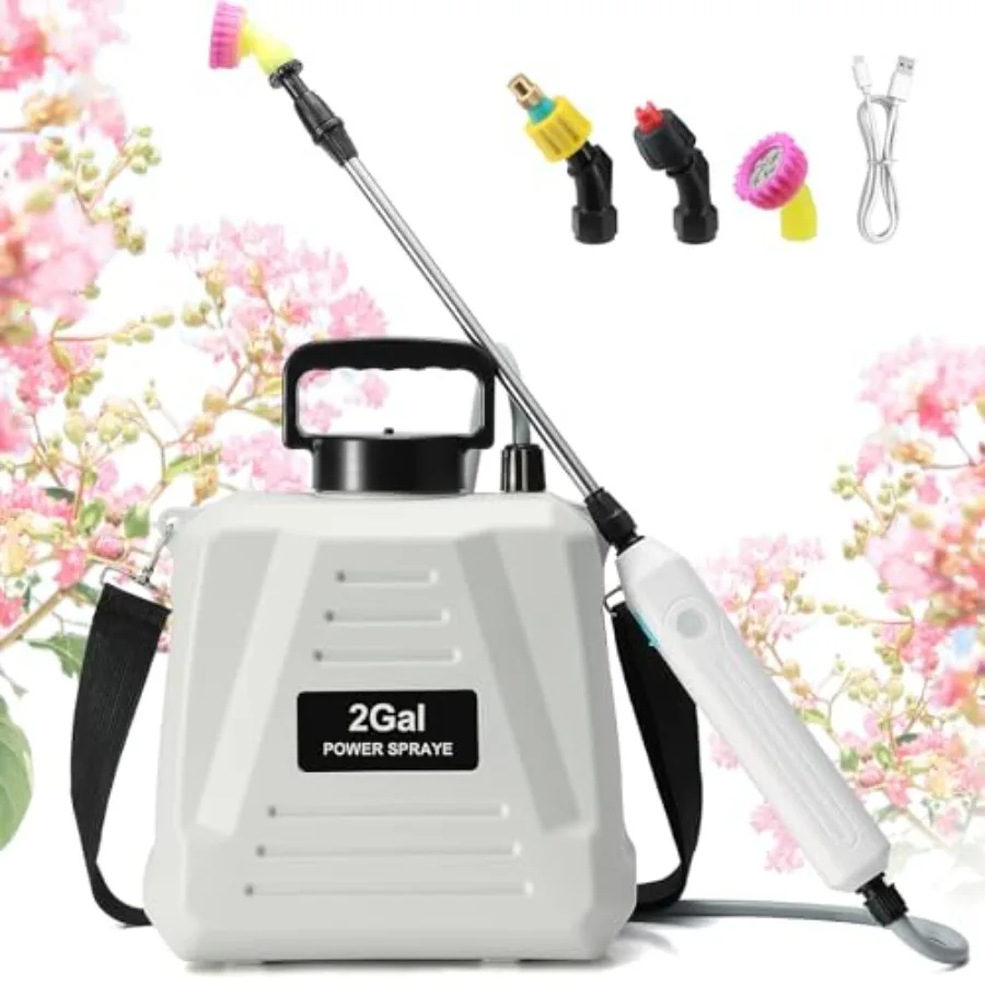 

Battery Powered Sprayer 2 Gallon Powerful Electric Garden Sprayer with 3 Mist Nozzles USB Rechargeable Handle Retractable Wand