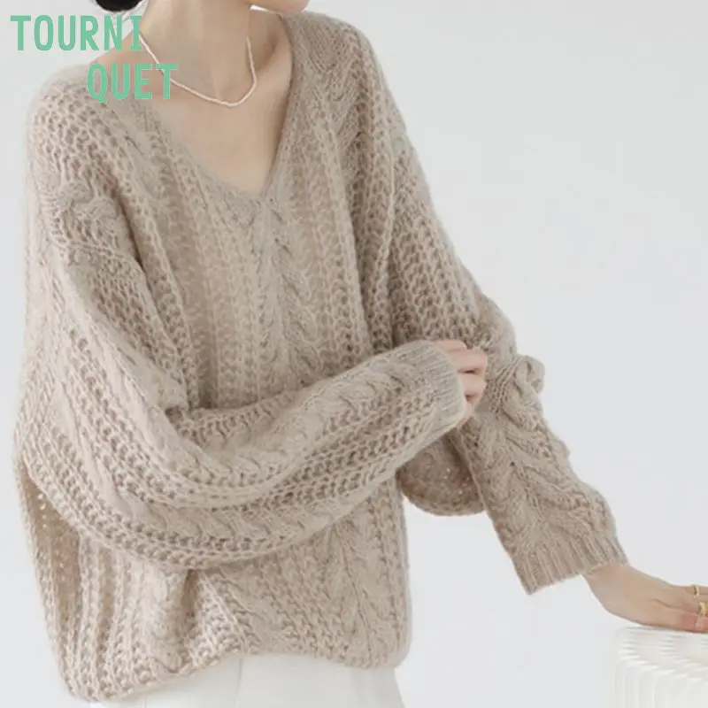 

Korean Style Lazy Knit Sweater Women's Fall Loose Fit Crochet Pullover Elegant & Slimming Casual Top Female Office Lady Clothing