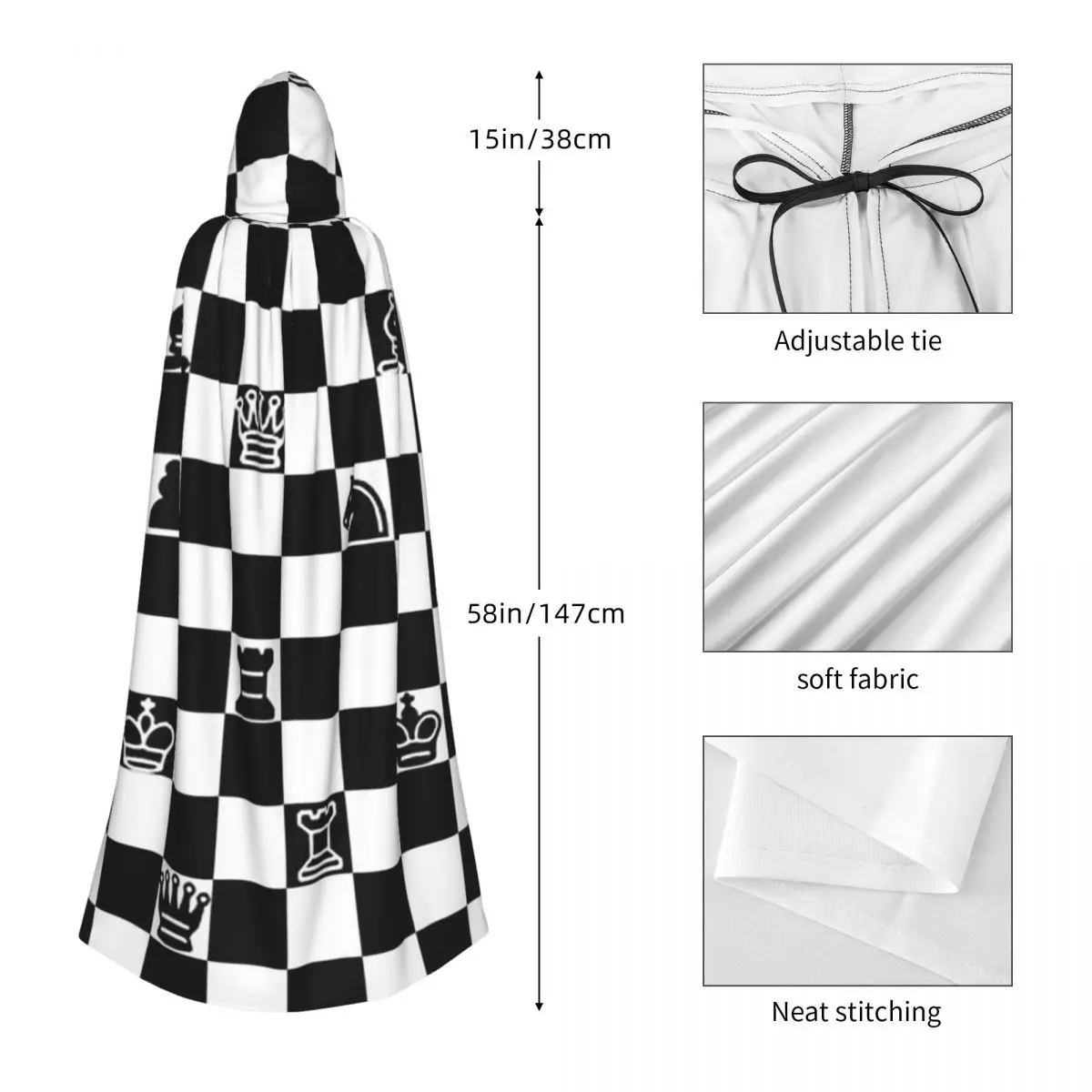 Black And White Chess Long Hooded Cloak Witch Medieval Costume Cosplay Cape HalloweenCoat Adult Unisex