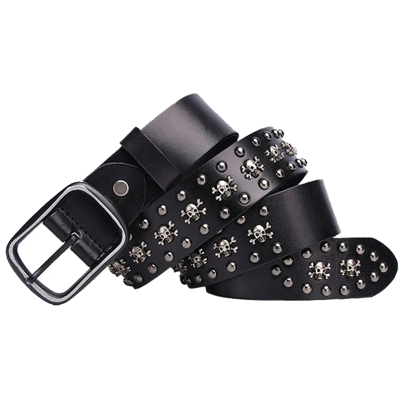 

Western Gift Cow Leather Skull Rivet Retro Pin Buckle Men Belt Fashion High Quality Metal Genuine Leather Men Belt