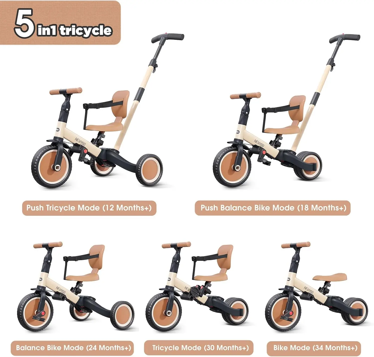 Tricycle pour tout-petits avec poignée poussoir pour 1-3 ans, vélo pour tout-petits, cadeau d'anniversaire et jouet pour garçons et filles, tricycle pour enfants 5 en 1, B