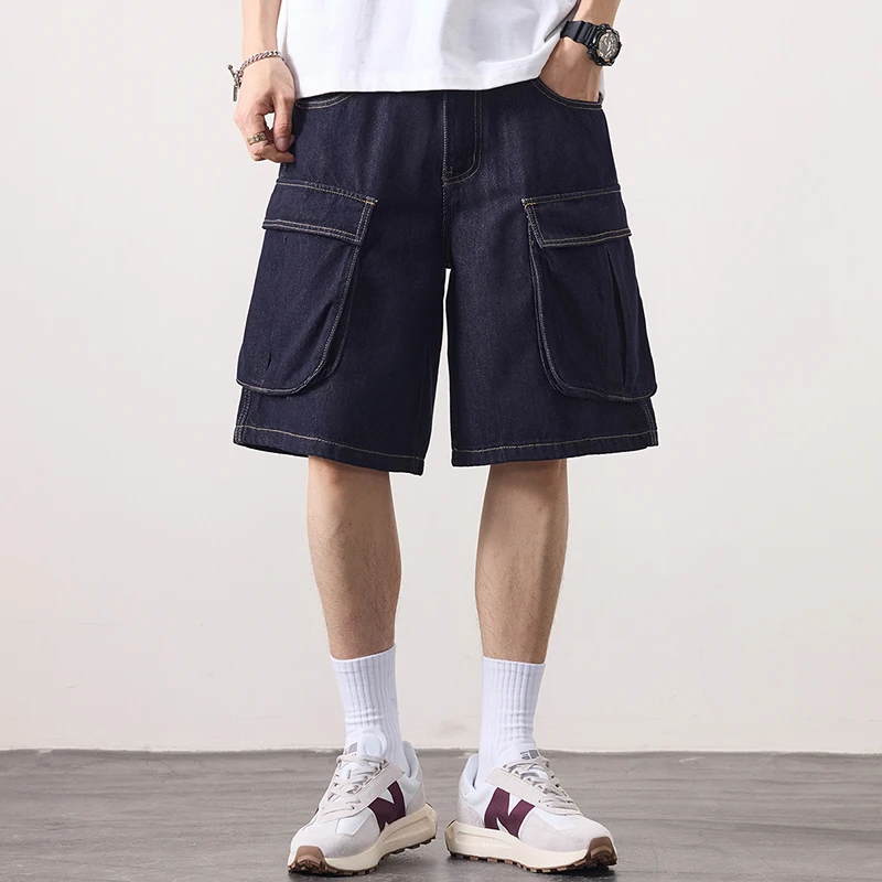 

Summer Washed Raw Color Denim Shorts for Men Loose-fit Straight Wide-leg Casual Mid-length Cargo Shorts Lightweight Plus Size 40