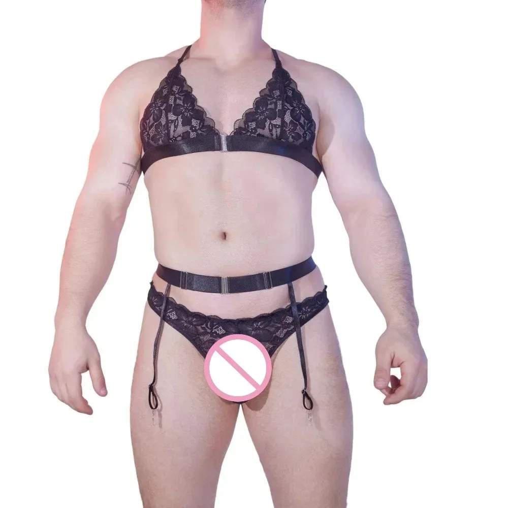 Mens Spaghetti Strap Adjustable Bra Tops+G-strings+Garter Belt Sexy Stretchy Lace See Through Breathable 3pcs Male Lingerie Set