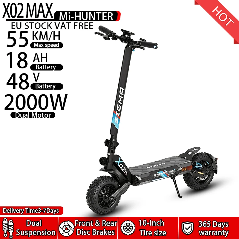 M-HUNTER X02 MAX, monopattino elettrico con doppio motore da 2000 W, batteria al litio da 48 V e 18 Ah, pneumatici da 10 pollici per uso fuoristrada, velocità massima di 55 km/h – monopattino