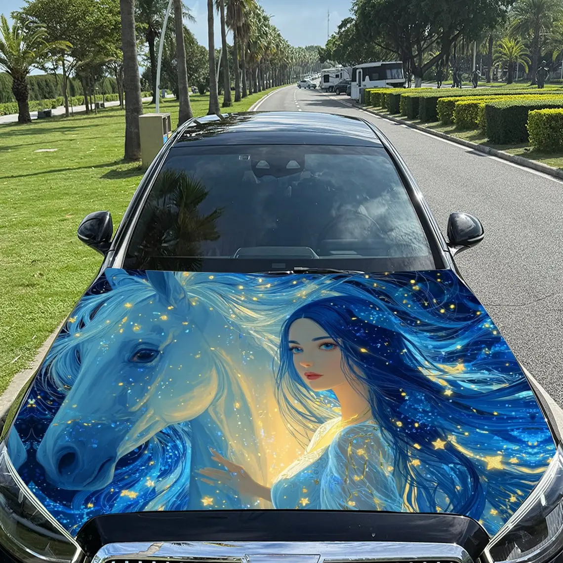 

Streamer Girl and Divine Horse Car Vinyl Wrap, PVC Material Waterproof Car Hood Sticker, Self-Adhesive Scratch-Resistant Sticker