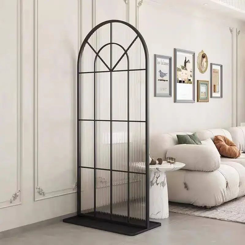 Cream simple French Changhong glass screen carbon steel living room entrance partition arched entrance removable screen