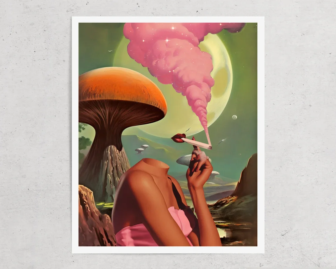 Surrealer Pilz-Rauch-Wandkunstdruck, Retro Kosmisches Zigaretten-Abstrakt-Poster, Surrealistische Kopflose Frau auf Leinwand, Einzigartiges Eclecti