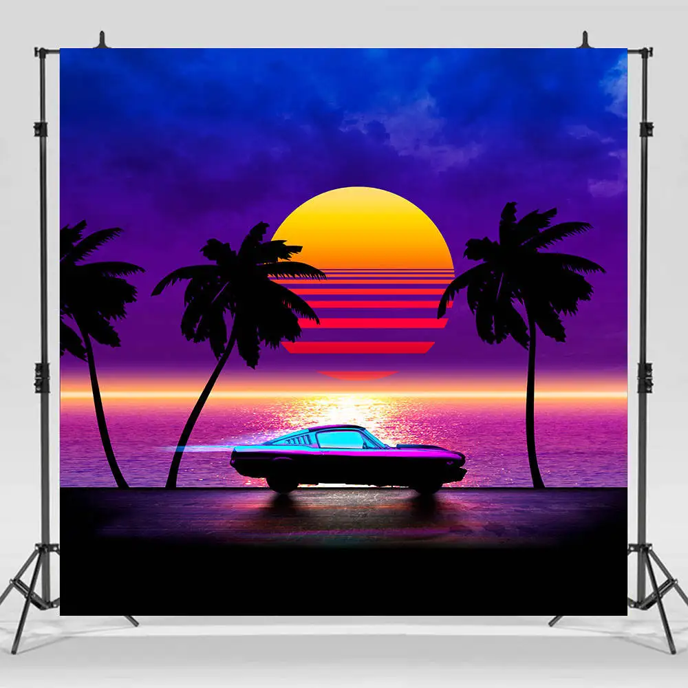 Miami Beach Florida USA 1950s 80s 90s Neon Birthday Party Decoration Banner Trip Background Near Sea Sunset Palm Trees Mountains