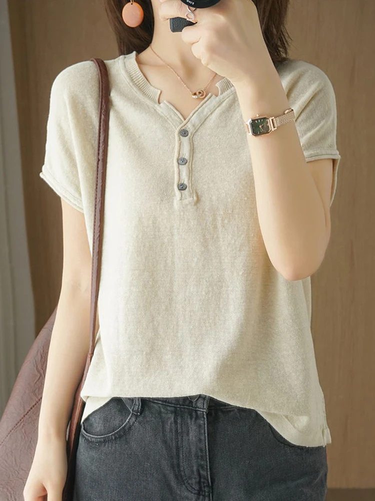 2024 Short Sleeves Womens T-shirt Button V Neck Cotton Linen Loose Tshirt for Female Basic Solid Casual Top Tees Summer