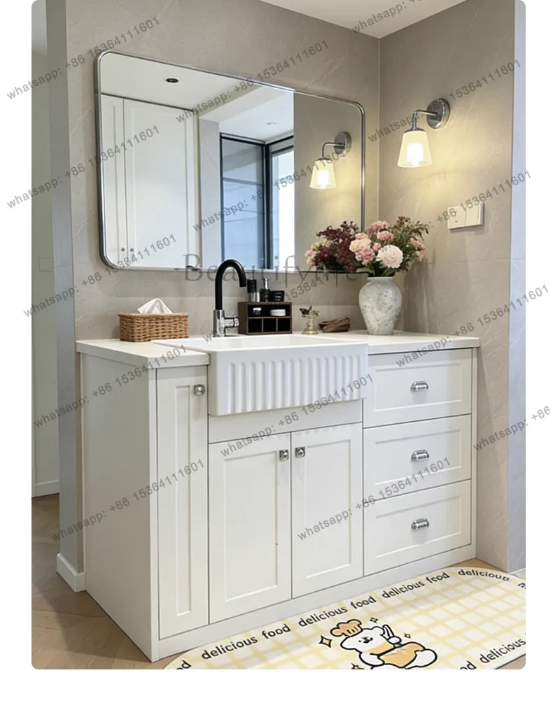

Rock slab countertop basin cream style floor-standing bathroom cabinet combination oak washbasin cabinet