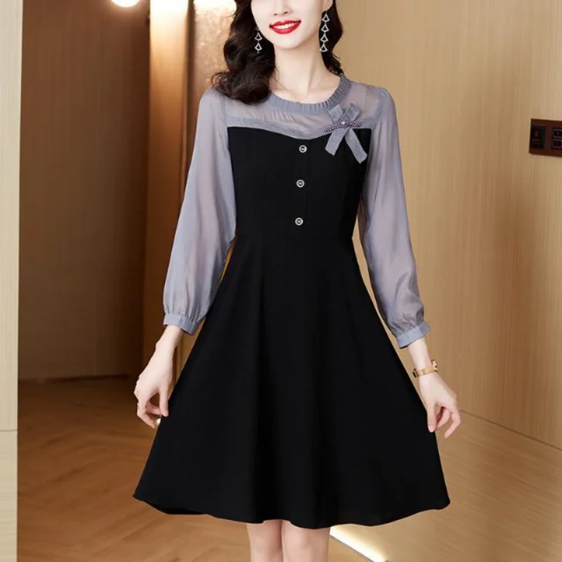 Vestido de chiffon de manga comprida para mulheres novas roupas de outono, cintura abraçando, estilo de comprimento médio