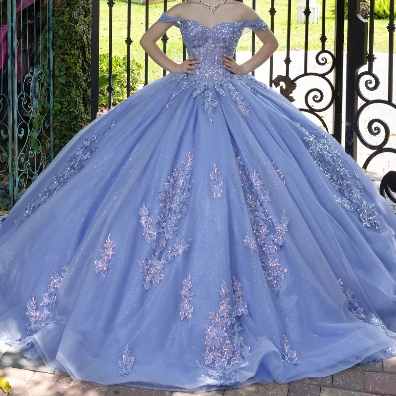 

Blue Shiny Ball Gown Quinceanera Dresses Off the Shoulder Sequin Applique Lace Tull Party Birthday Vestidos 15De Anos Sweet 16