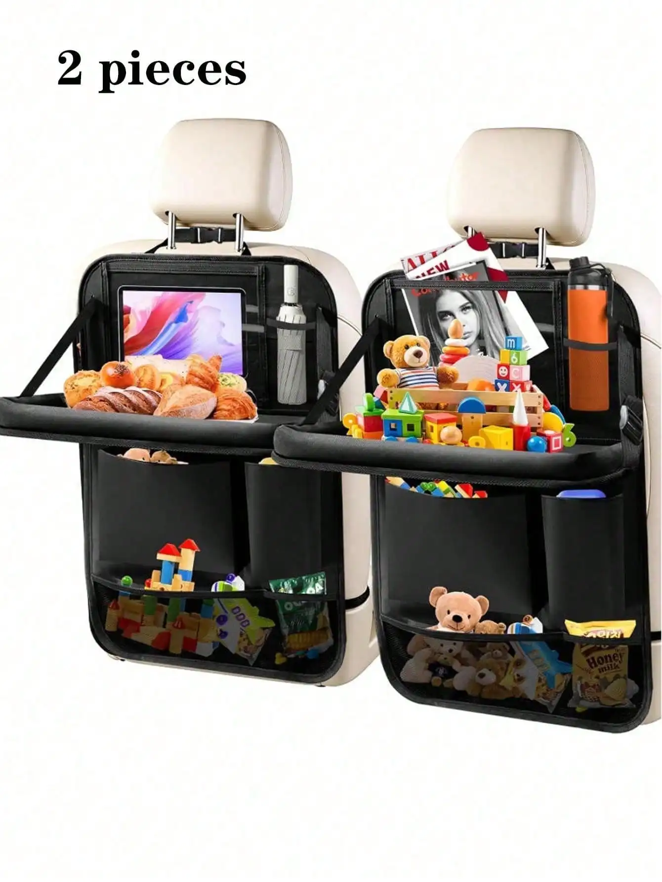 

2pcs/Set Car Backseat Storage Bag With Foldable Tray And Tablet Holder, Multi-Pocket Organizer Bag With 6 Storage Compartments For Toys, Snacks, Cups, Phones, Chargers And Books, Universal Car Seat Back Protector With Anti-Kick And Anti-Spill Features, Fo