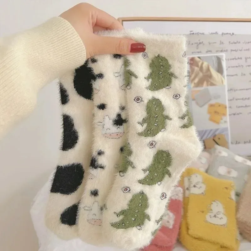 1-20Pairs Winter Warm Padded Socks Thickened Mink Plush Cartoon Socks Soft Comfortable SkinFriendly GirlsAutumn Home Sleep Socks
