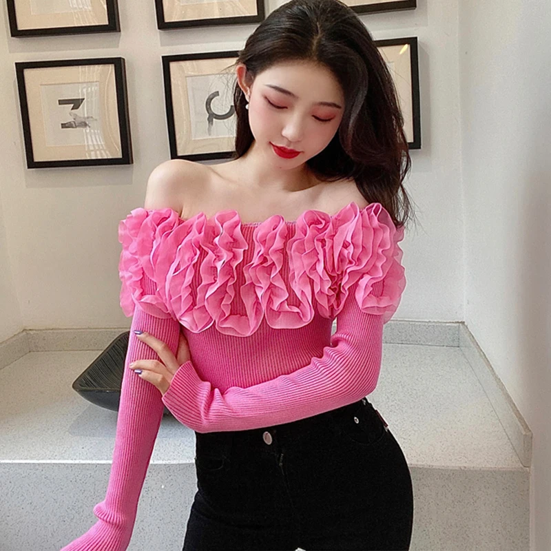 Spring Autumn High Quality Knitted T-Shirt Chic Sexy  Off Collar Ruffles Women Tops Long Sleeve Stretchy Slim Tees Pullover 3990