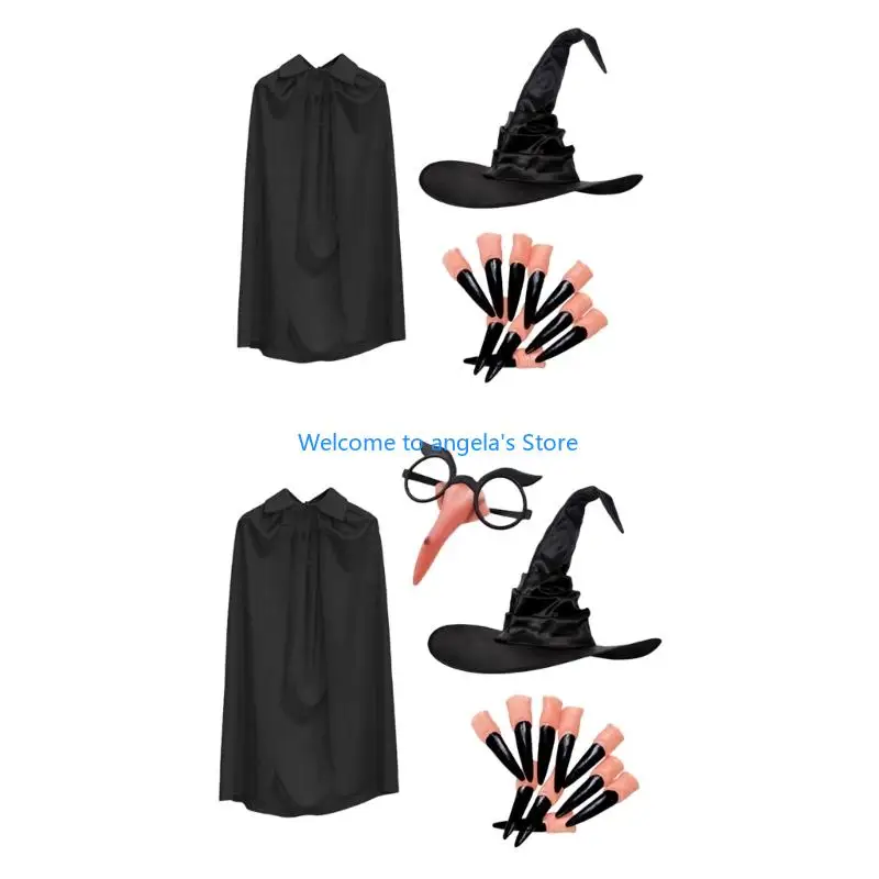 X4YC 3/4Pcs Witches Witch Costume Accessories Wizard Witch Hat Witch Glasses Nose Halloween Fancy Dressing Cosplay Costumes