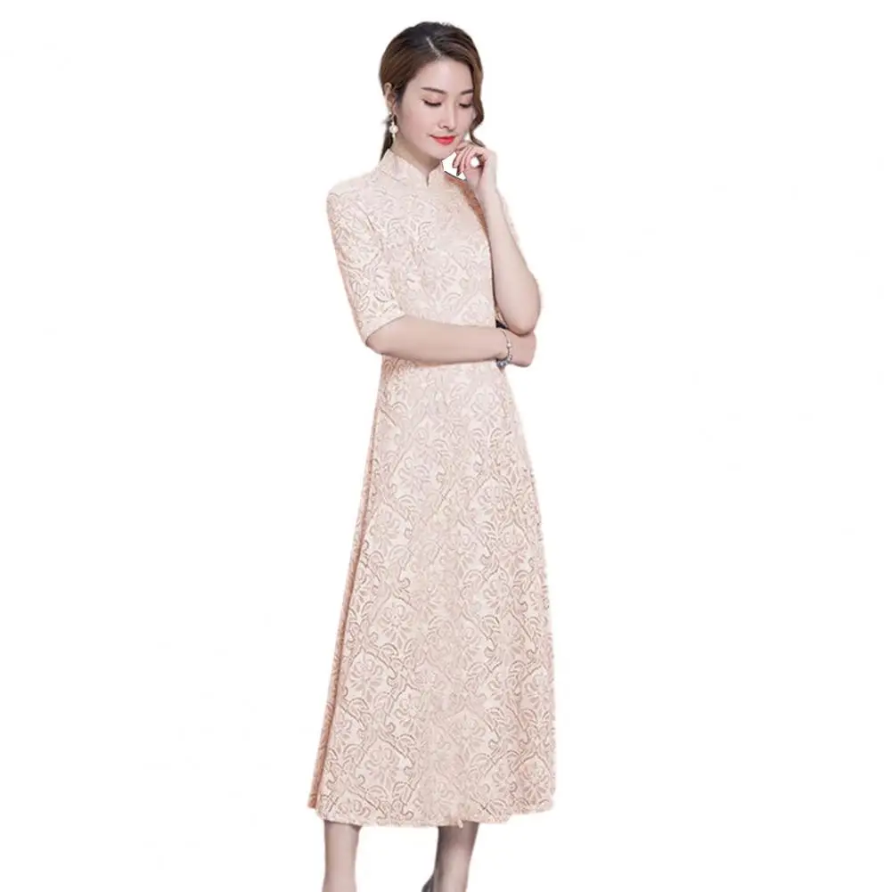 Women Qipao Chinese Style Stand Collar Half Sleeves A-line Evening Dress Big Hem Mid-calf Length Mother Banquet Midi Dress