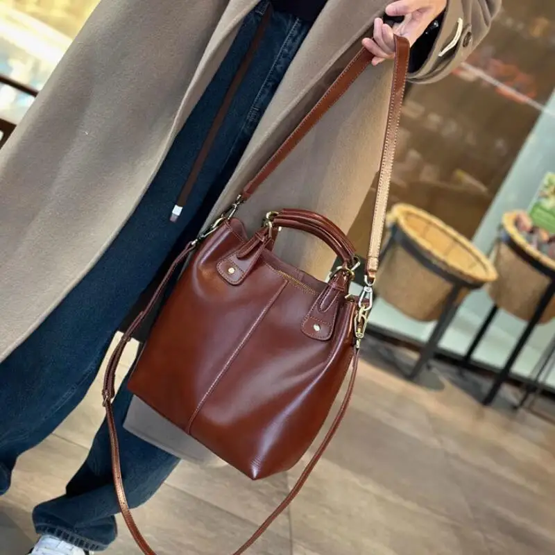 LOMANTINA Retro Stylish Vegetal Kneading Cowhide Shoulder Bags Large Tote Autumn Winter Female Work Cosmetics Umbrella Purse