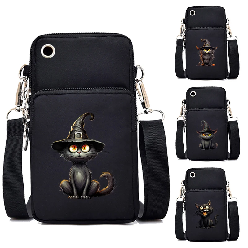 Women Mini Mobile Phone Bag Witch Cat Coin Purses and Handbags Harajuku Magic Kitten Y2k Tote Bags Unisex Small Crossbody Bags