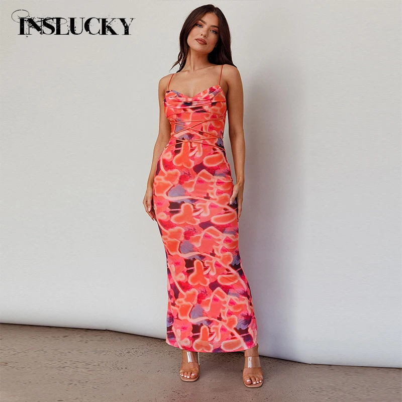 

InsLucky Abstract Sorbet Crush Print Midi Dress Women Lace-up Waist Folds Cowl Neck Backless Zipper Camis Cocktails Dresses 2024