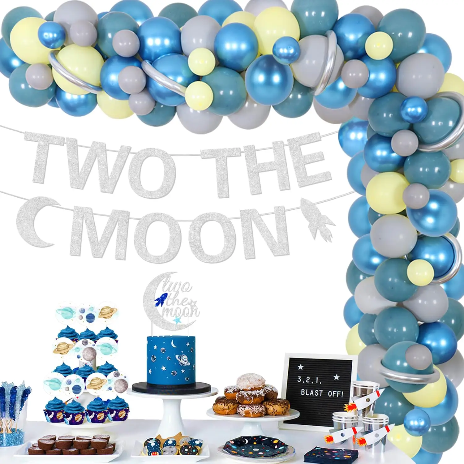 Juego de decoraciones de cumpleaños de dos la luna con pancarta, adorno para tarta, globo azul plateado, Kit de arco de guirnalda para temática de cohete espacial, 1 Juego