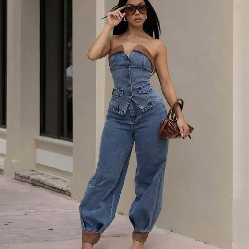 

Doyerl Elegant Denim Set Women 2 Piece Sexy Club Outfits Birthday Single-breasted Strapless Top and Pants Jeans Matching Sets