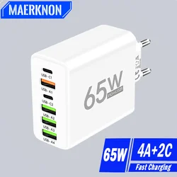 Carregador de Celular Multi-Porta, Adaptador USB Tipo C, Carregamento Rápido, iPhone, Samsung, Xiaomi, Huawei, 6 Portas, 65W