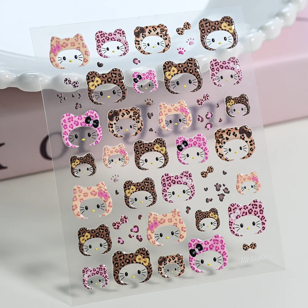 สติ๊กเกอร์ติดเล็บลายเสือดาว 5D ลายเฮลโลคิตตี้ 2/3 ชิ้น ลายโบว์หัวแมว ลายหัวใจ แบบมีกาวในตัว สำหรับตกแต่งเล็บ ลายผ้าพันคอ ลายหมวก