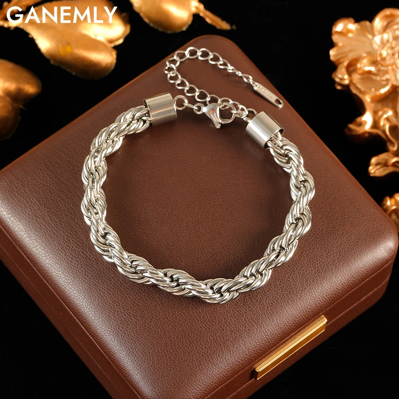 

GANEMLY 316L Stainless Steel Metal Silver Color Twisted Chain Bracelet For Women Waterproof Jewelry Wrist Chain Bijoux Femme
