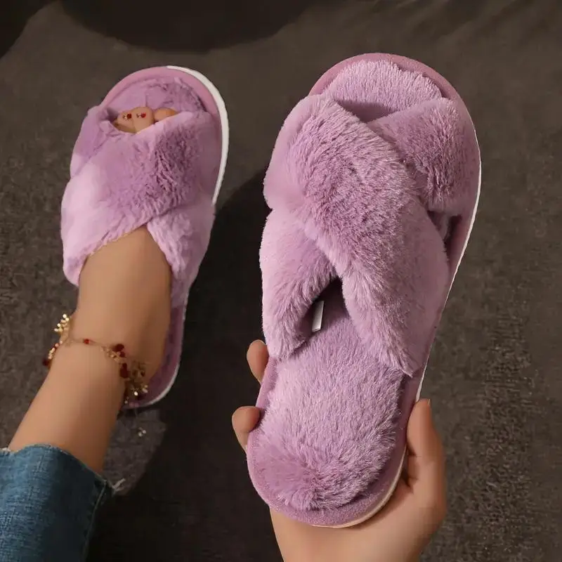 Winter Crisscross Plush Indoor Slipper Comfortable and Warm Soft Soled Furry Shoes Non Slip Home Floor Slippers view 5