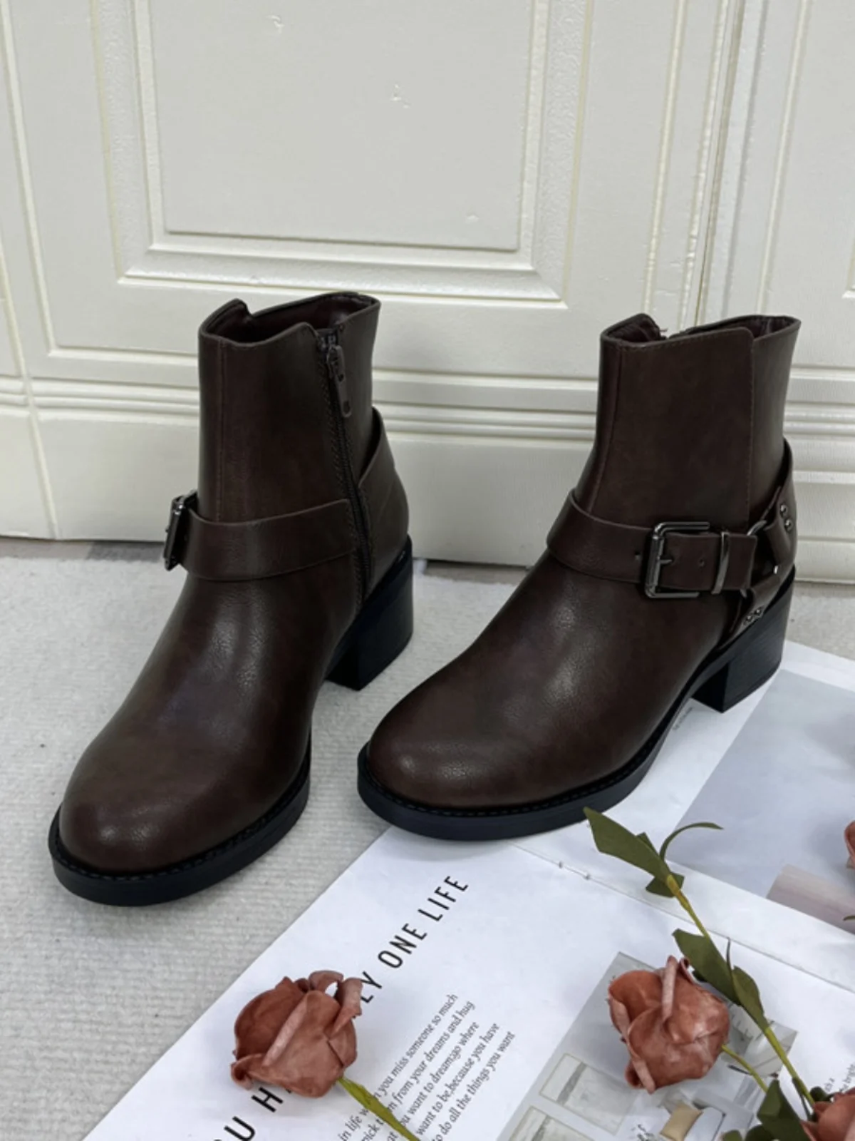 

Slimming round Toe Ankle Booties Side Zipper ort Faion Boots Women's Chunky Heel Boots Spring Autumn PU Leather