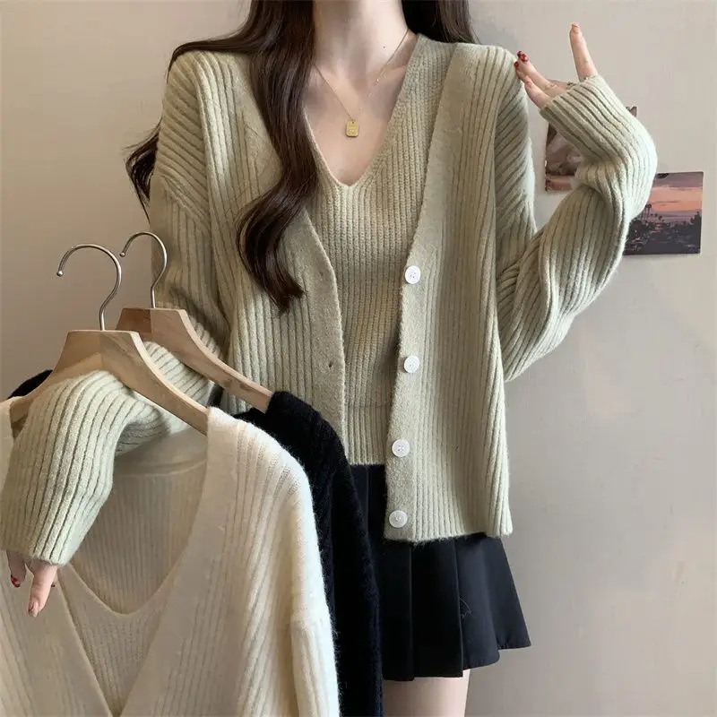 Large Women's Knitted Cardigan Jacket with Suspender Two-piece Set New Versatile Long Sleeved Sweater Top