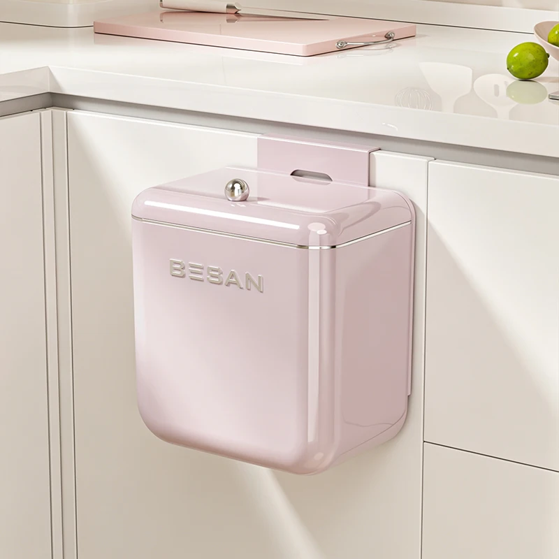 Wall Mounted Kitchen Trash Can with Lid No Drilling Hanging Cabinet Door Garbage Bin, Thick ABS Food Waste Container for Kitchen