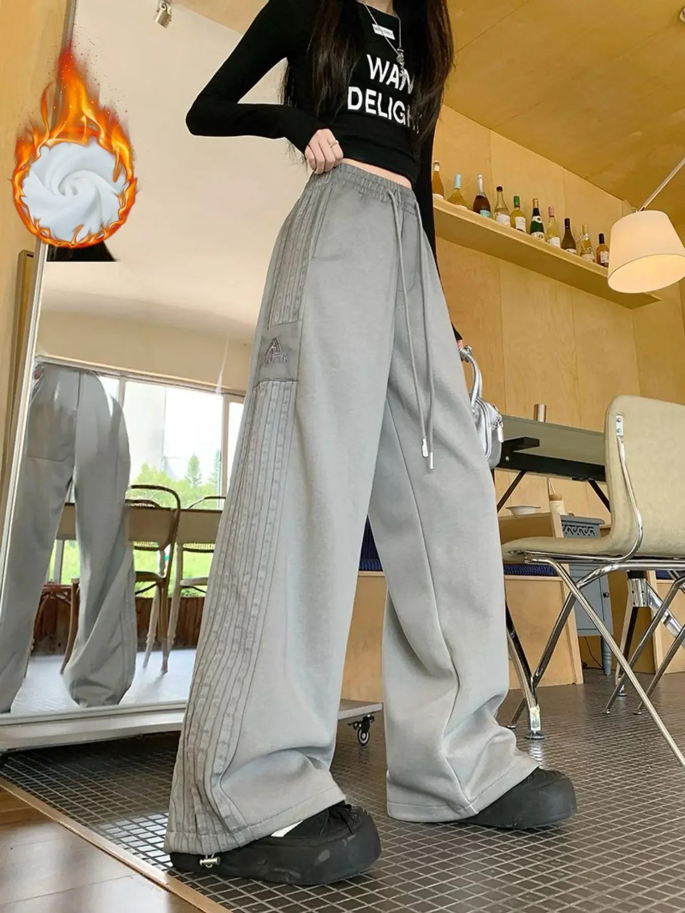 Pantalon Long chaud en polaire pour femme, grande taille, décontracté, rayé, tendance, jambes larges, Y2K, ample, jambes droites, automne/hiver