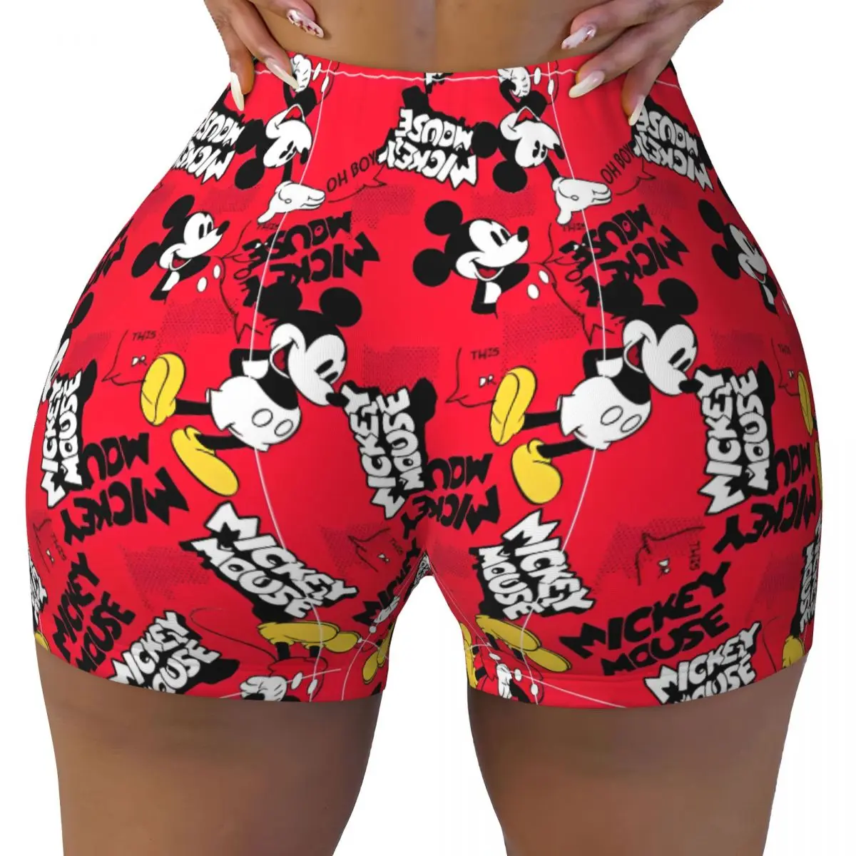 Ladies Workout Yoga Shorts Cute Cartoon  Mickey Mouse Pattern High Waist and Hip Shorts Gym Biker Running Wear