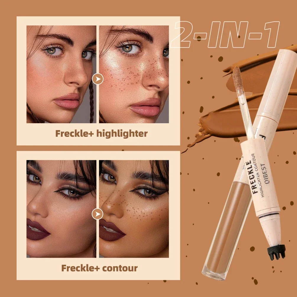 Qibest caneta de maquiagem de ponta dupla sardas e iluminador naturalmente iluminar maquiagem sweatproof duradouro 2 em 1 bastão de contorno de sardas