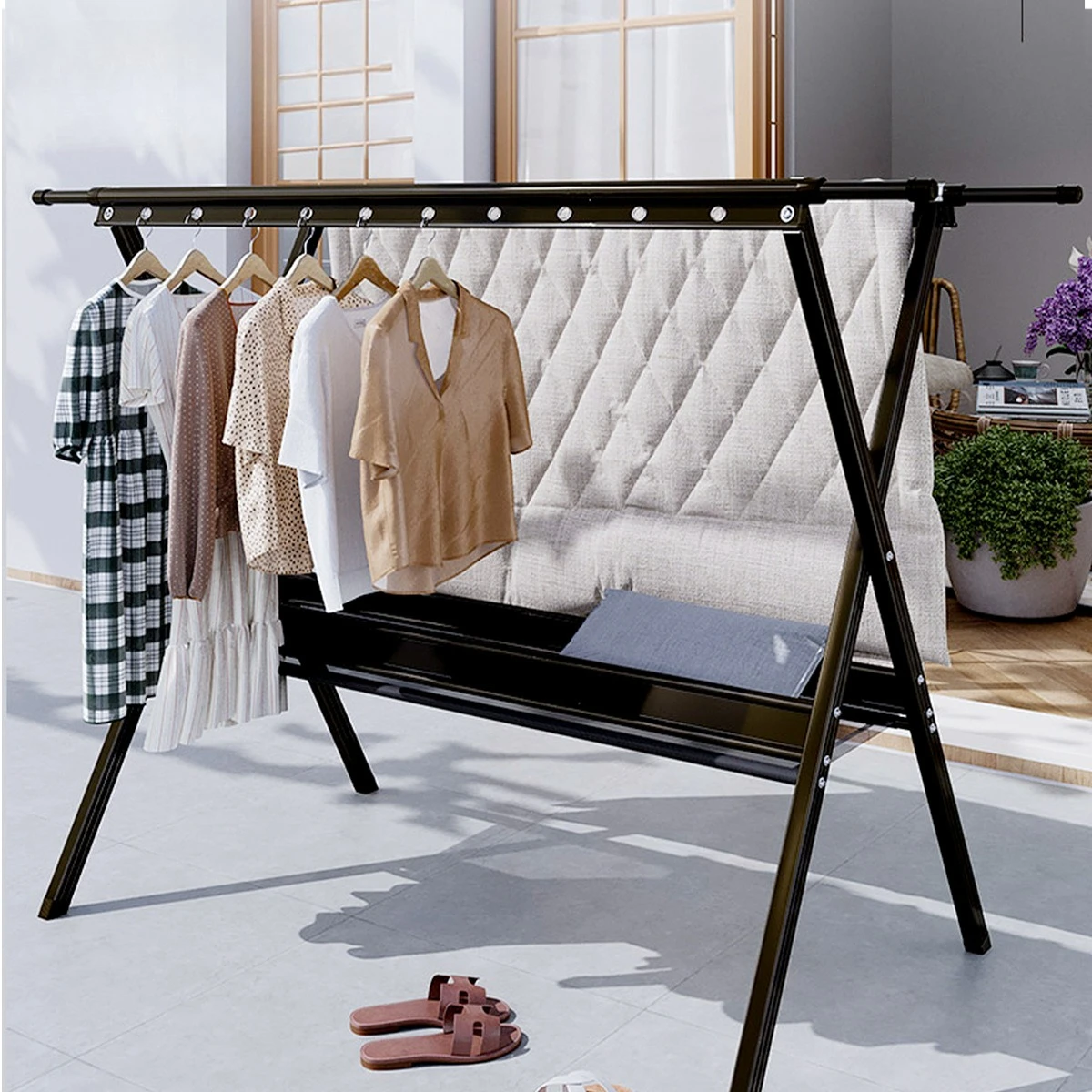 

1 Sec Fold X Shape Aluminum Alloy Clothes Drying Rack Adjustable Height Laundry Stand for Blanket Hanging Storage