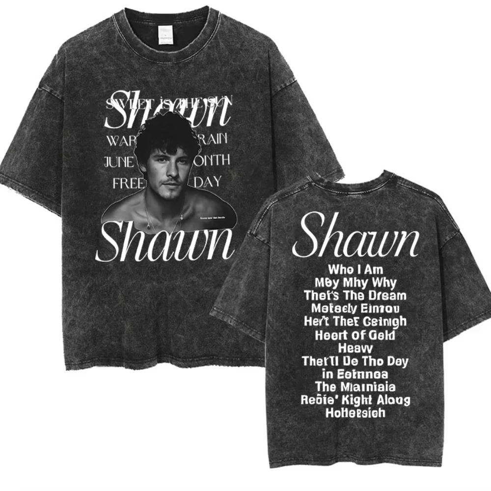 مغني الراب شون مينديز جولة 2025 ألبوم خمر غسلها تي شيرت الرجال النساء الهيب هوب المتضخم المحملة موضة عالية الجودة القطن تي شيرت