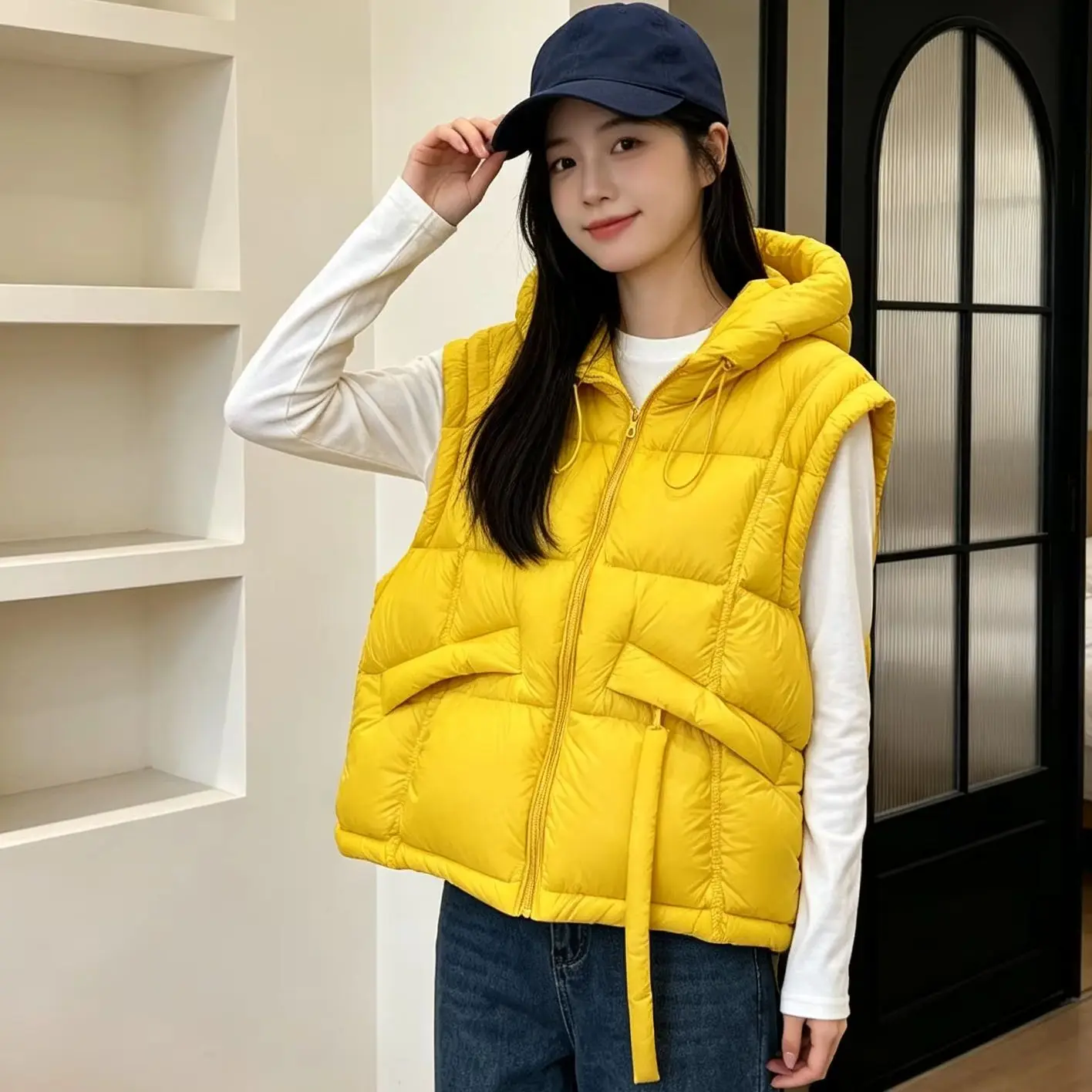 2026 New Women Winter Casual Sleeveless Decor Pockets Outerwear Loose Hooded Padded Vest High Quality Vest Parkas Waistcoat