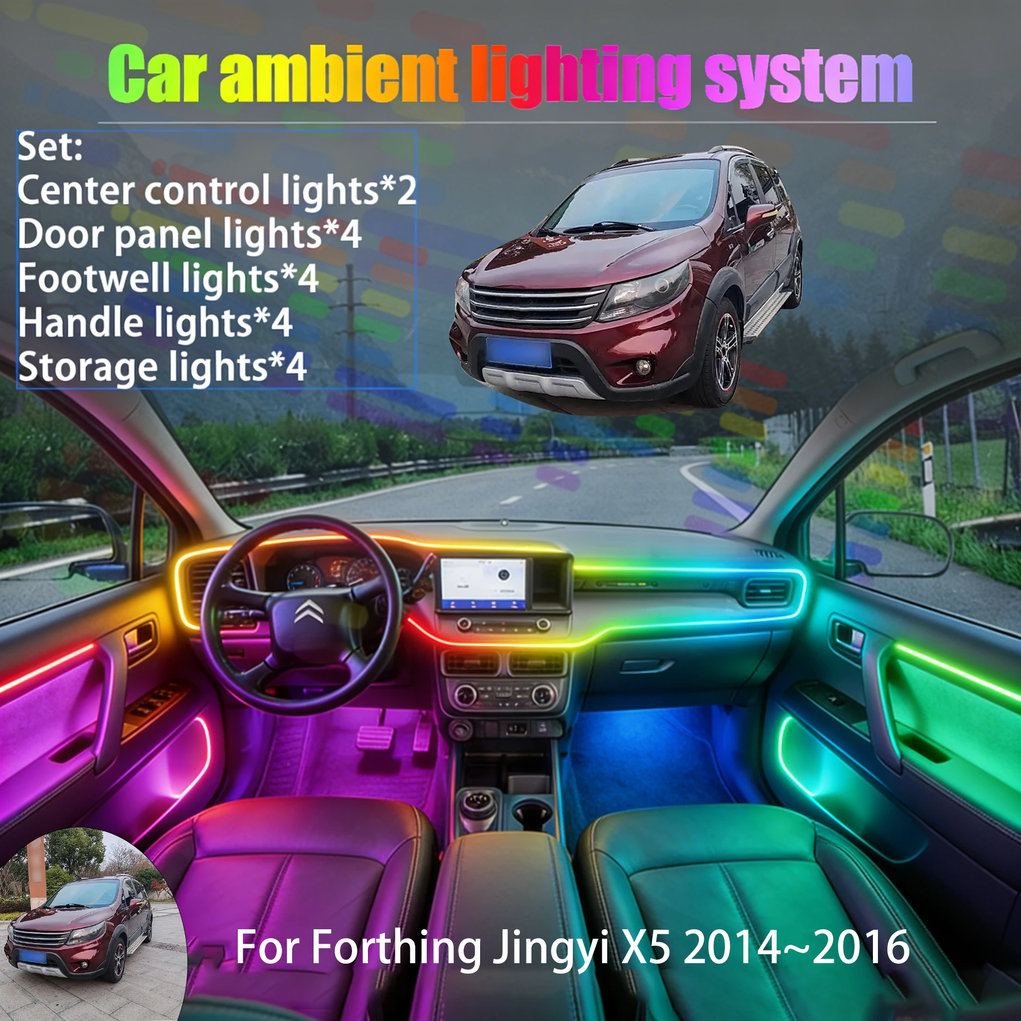

Для Forthing Jingyi X5 2014~2016: Комплект светодиодной подсветки салона и багажника 2/18 в 1, USB RGB, с эффектом потока