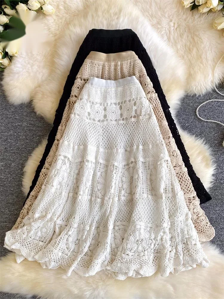 

Новейшая женская пляжная юбка в богемном стиле с кружевом, ажурная, с цветочным узором, приталенная, элегантная, высокого качества, для отдыха, А-силуэт