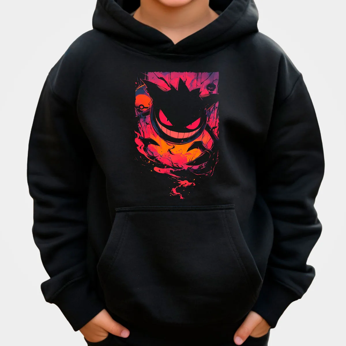 Pokemon Anime Gengar Baumwoll-Hoodie, Schwarz mit lila Geist, leuchtende Augen, Rot, Blau, Feuere Ausdruck, lockere Passform, lässig