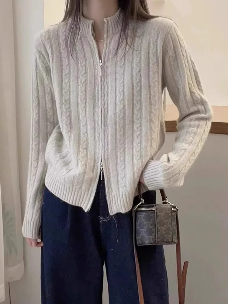 

Корейский модный вязаный кардиган на молнии, свободный крой, стройнящий силуэт, базовый, с длинным рукавом, повседневный, простой свитер