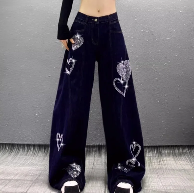 2025年トレンドセレブ女性用パンツ アメリカンスタイル ハートラインストーン ブラックジーンズ スパイシーガール ハイウエスト ストレート ワイドレッグ ロングパンツ