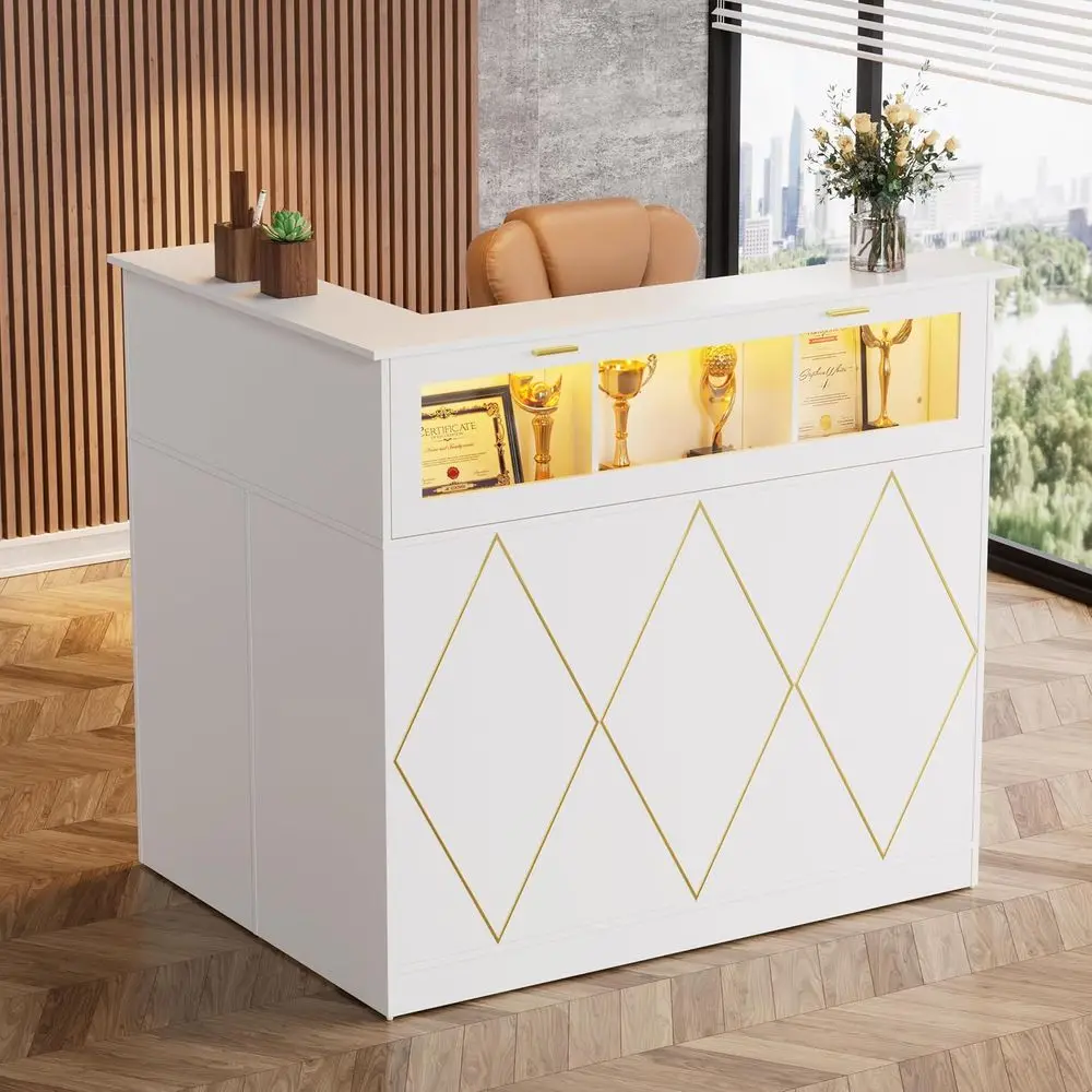 

L-Shaped Glass Display Desk with LED Lighting for Modern Lobbies, Retail, and Home Offices (White)